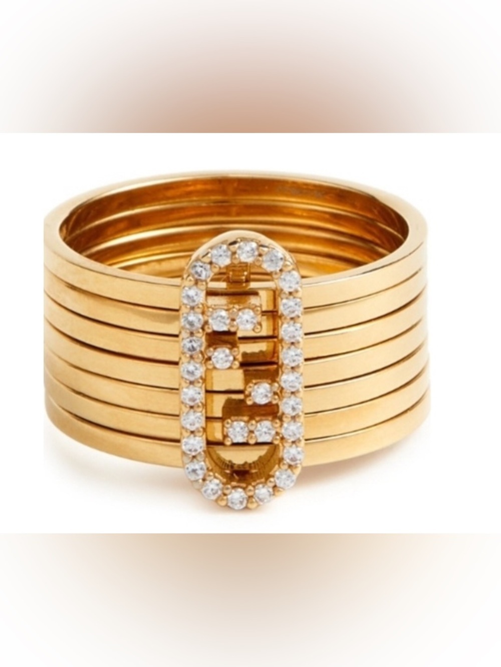 Authentic Fendi Crystal Multi (7) Band Ring Gold Tone Size 6–6.5 Wide Statement